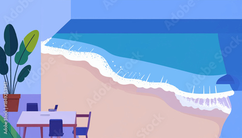 Beach view from an indoor room with table and chairs. Plants. Sea waves hitting sand. Sunny, blue sky