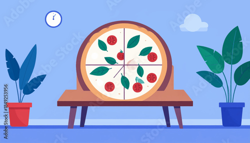 An illustration of a pizza on a table, with plants and a clock against a blue wall in a stylized room