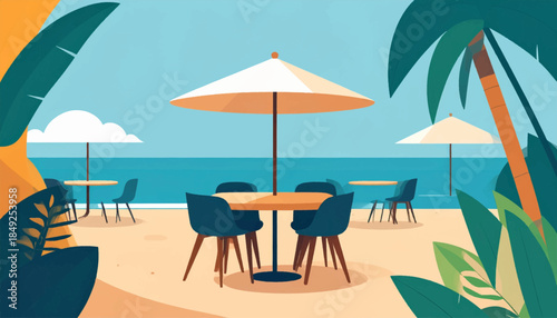 Beachside cafe scene with palm trees and ocean, serene and inviting
