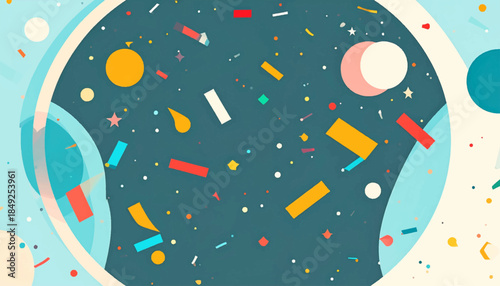 Abstract vector design with circles, rectangles, stars, and teardrop shapes on a teal and off-white background