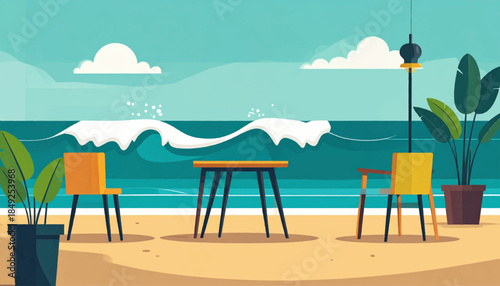 Beachside dining area with chairs, table, potted plants, ocean waves, and a light post