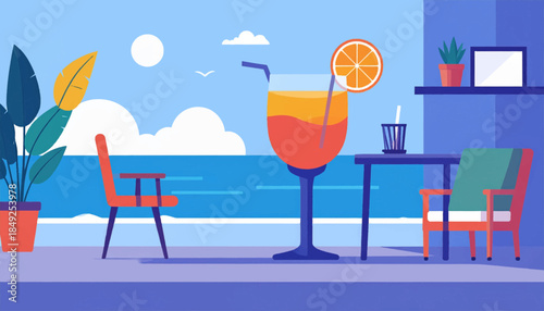 Beach-view patio with orange drink, chairs, and plants in a simple, modern flat design with ocean scenery behind