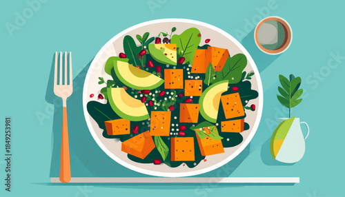 An illustration of a salad, fork, drink, and plant on a light turquoise background, viewed from above