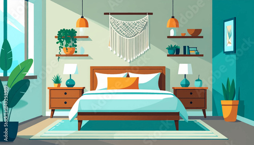 Bedroom illustration bed, plants, macrame, lamps, furniture, rug in a bright, modern space