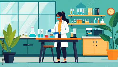 An illustration of a scientist working with lab equipment in a clean, tidy lab with plants and natural light