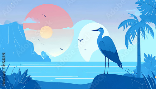 Bird stands by ocean with sun, mountain, and palm trees in blue tones, minimalist cartoon style illustration