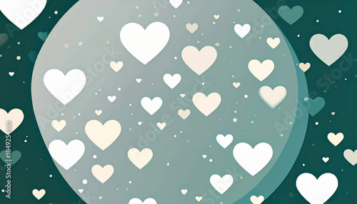 Abstract heart pattern on dual-tone teal background, with a lighter teal circle shape and bokeh effects