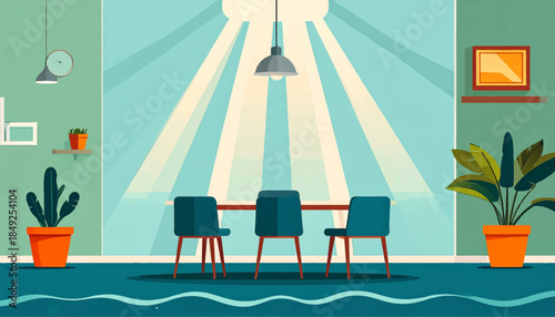 Bright dining room interior illustration with aqua and orange tones, featuring plants and modern furniture