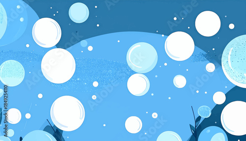 Blue background with scattered circles of various sizes and styles, some translucent, some white