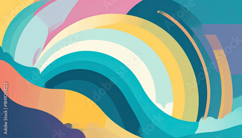 Abstract curves and shapes with a dreamy palette of teal, yellow, pink, and violet hues creating an ethereal feel