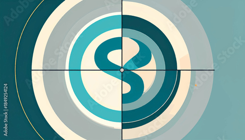 Abstract concentric teal & beige circles with a crosshair line, and a small light yellow dot on the lower right