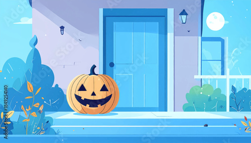 Blue cartoon house facade with an orange, smiling jack-o'-lantern on the porch steps on a moonlit night