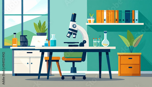 Bright illustration of a laboratory interior with a microscope, desk, and shelves in a stylized, modern style