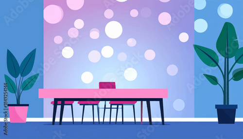 Bright illustration of a pink table & chairs in front of windows with plants, stylized dots on wall as decor