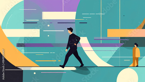 Abstract illustration man walking past geometric shapes, another figure standing at the end