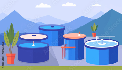 Blue cartoon tanks hold water, set against a backdrop of layered blue mountains and white clouds, green plants nearby