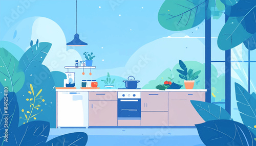 An illustrative kitchen scene with blue hues and ample foliage visible through the window, flat style
