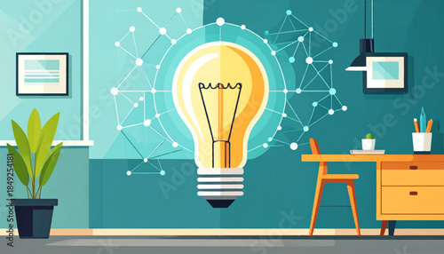 Bright lightbulb idea in an office with desk, chair, plant, and pictures on blue-green wall