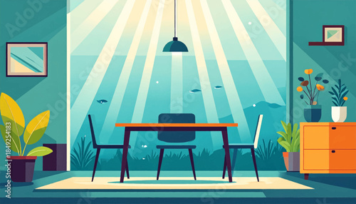 Bright interior scene with table, chairs, plants and sunlight streaming through a window, stylized illustration