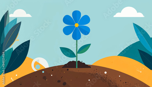 Blue flower rises from soil with leaves under sunny sky and white clouds in simple, graphic style