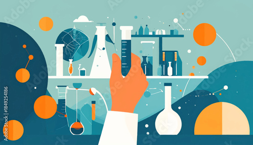 Abstract illustration of a laboratory scene with a hand holding a tube, against a blue background with circles