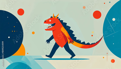 Cartoon dragon walking with open mouth, set against abstract background with circles and soft, neutral colors