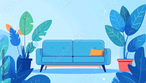 Blue sofa, orange pillow, potted plants on soft blue backdrop, a stylized inviting interior graphic
