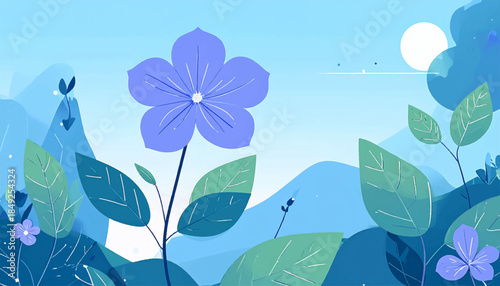 Blue serene landscape with flora and distant mountains under a bright sun or moon