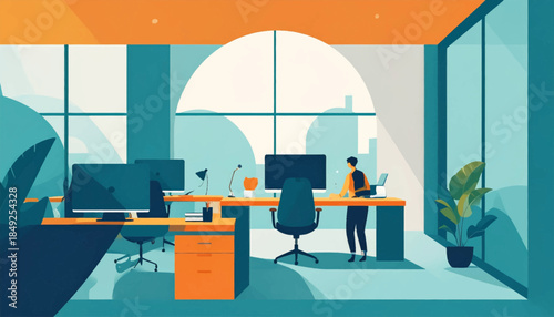 Bright, stylized office illustration with plants, desks, computers, and a person