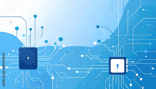 Blue tech circuit board with lock icons, against a gradiated blue background, depicting abstract data connections