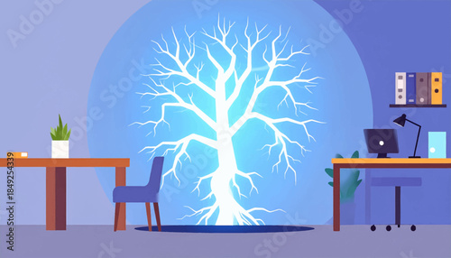 Bright tree art in a workspace featuring desks, chairs, lamp, computer, books, and other greenery