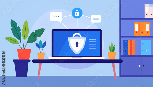 An office with a laptop showing a shield and padlock representing cybersecurity