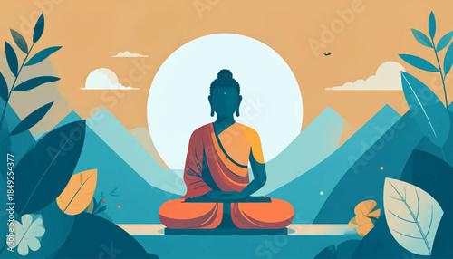 Buddha illustration in meditative pose set against mountains, sun and lush foliage in serene pastel color palette