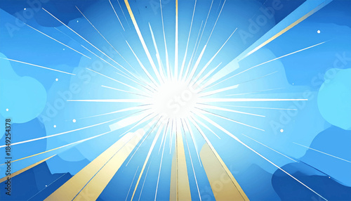 Bright white light bursts from center with golden rays against a dreamy, blue, abstract background