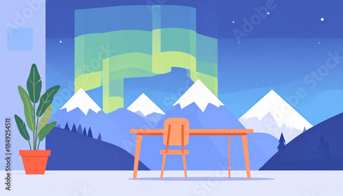 Animated interior view desk, chair, plant, snowy mountain vista, & aurora borealis in the background