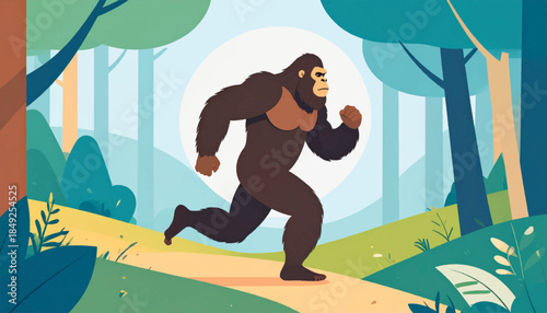 Cartoon drawing of a brown Bigfoot running through a colorful forest with trees and a path