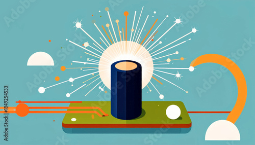 Abstract illustration with cylinder, lines, and circles against a blue backdrop, with a retro futuristic feel