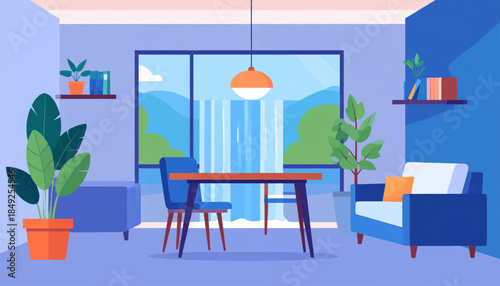 Calm interior with blue furniture, potted plants, and a bright window overlooking a landscape