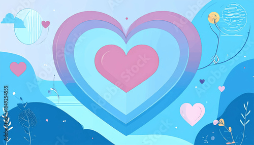 Abstract illustration with layered hearts, stylized nature, and cool blue tones with a decorative, artistic feel