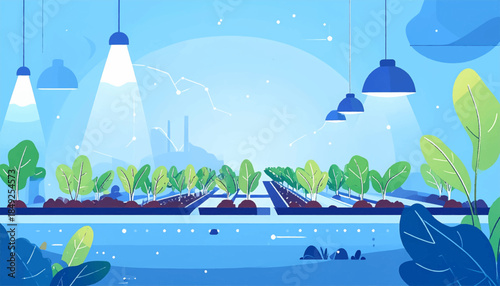 Blue-toned illustration of an indoor hydroponic farm with leafy greens and hanging lights above growing rows