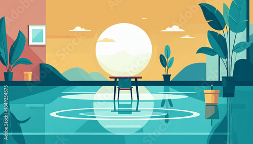 Calm, stylized indoor scene with plants and a sun setting over a pool