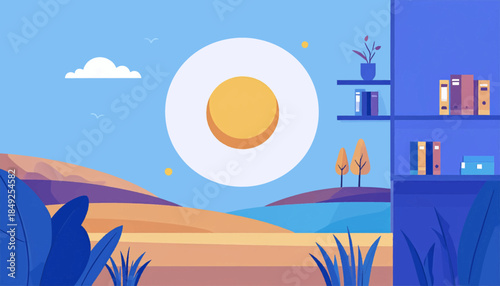 Calm, stylized scenery with a floating sun-like object, mountains, and a bookshelf in an artistically illustrated style
