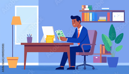 Animated scene of a professional seated at a desk counting money in an office space with furnishings and a potted plant