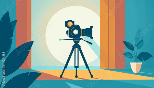 Camera sits atop a tripod; background includes plants, abstract shapes, and a white light source