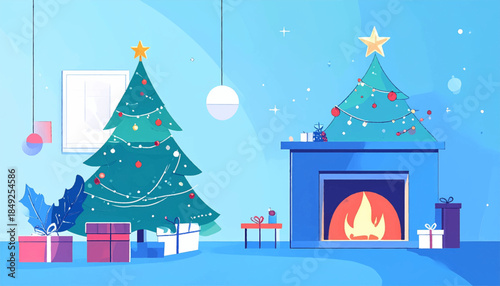 Blue-toned illustration of Christmas trees, fireplace, and gifts in a room with minimalist design