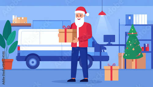 Cartoon Santa Claus delivering a gift in front of a van in a warehouse setting