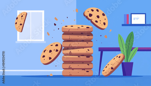Cartoon art of cookies stacked high in a room interior, crumbs floating in air