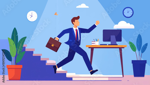 Cartoon of a businessman running up steps in a home office with plants and a computer against a blue background