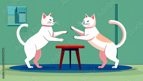 Cartoon art showing two cats on a rug facing each other with a red stool between them in a room