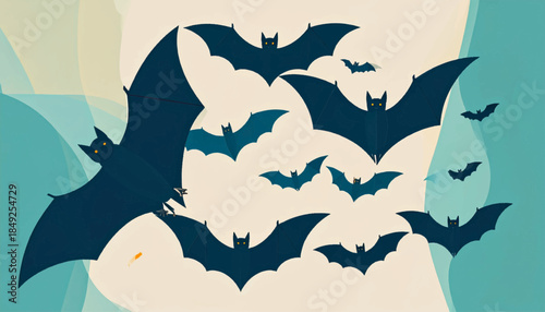 Cartoon bats with yellow eyes flying on a colored background, Halloween illustration